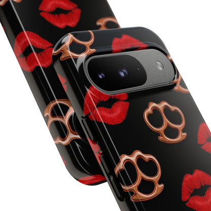 Red Lipstick & Knuckle Duster Phone Case | Bold Kiss Print Tough Protective Cover for Iphone, Samsung Galaxy and Pixel