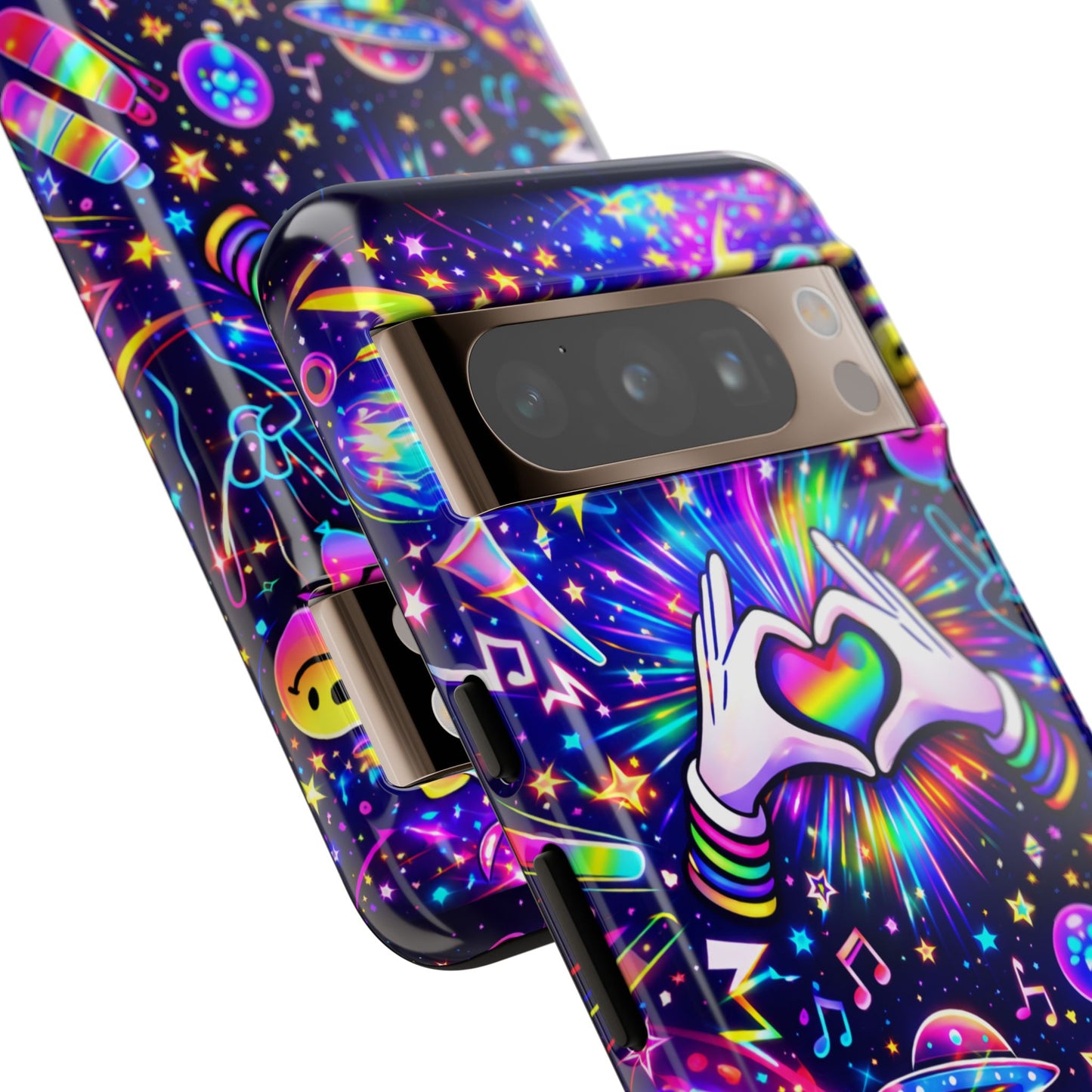 Rainbow Heart Hands Phone Case – Neon Galaxy EDM Festival Tough Cover