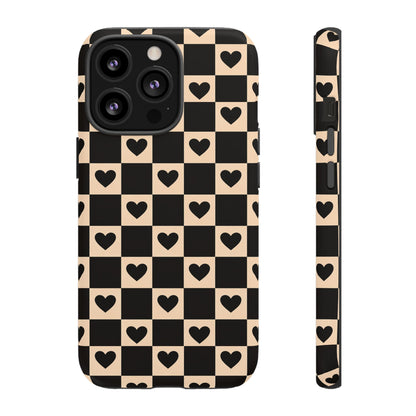 Checkerboard Heart Phone Case – Black & Beige Cute Aesthetic Protective Cover for Iphone, Samsung Galaxy and Pixel