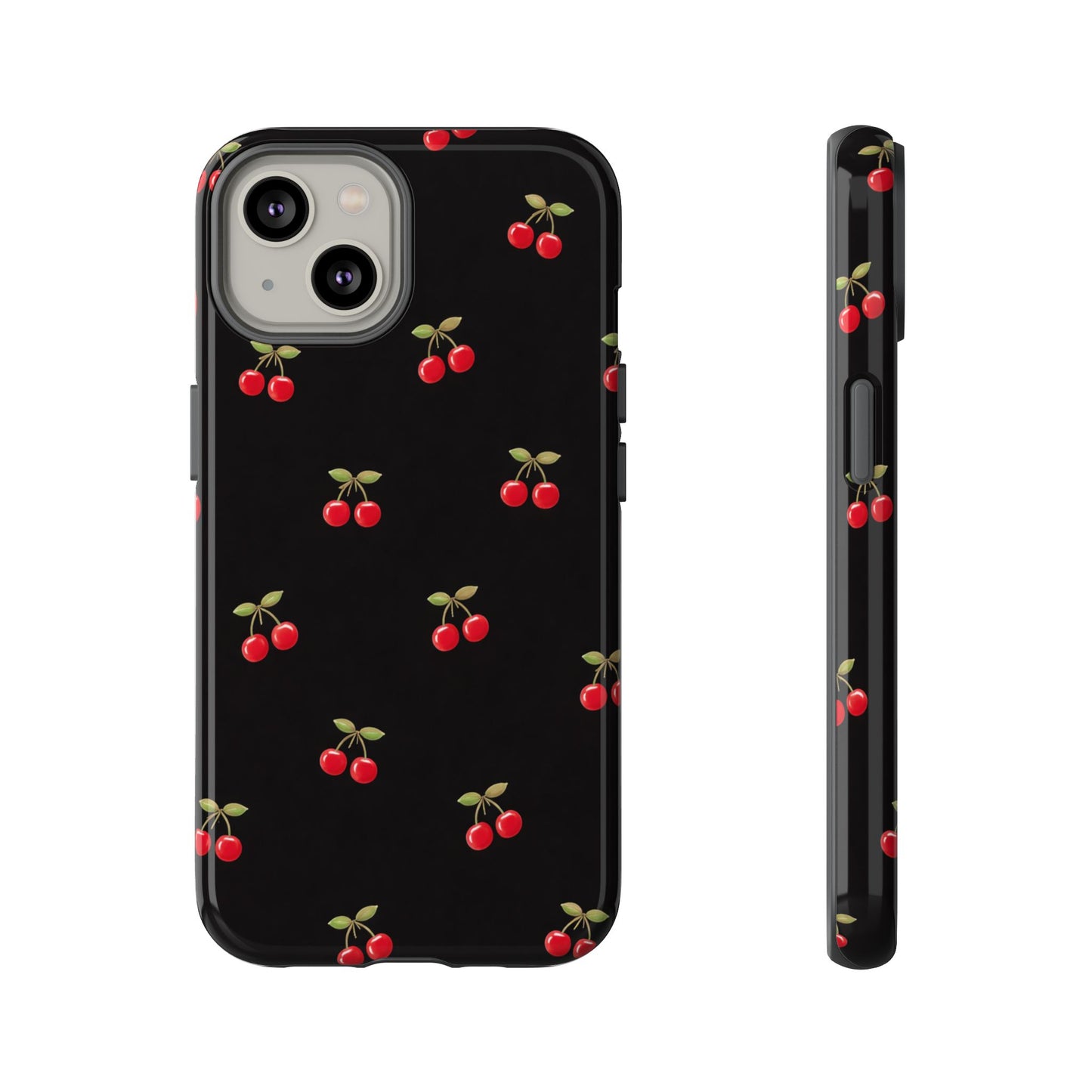 Cherry Pattern Phone Case — Slim Black Protective iPhone Case with Red Cherries for Iphone, Samsung Galaxy and Pixel