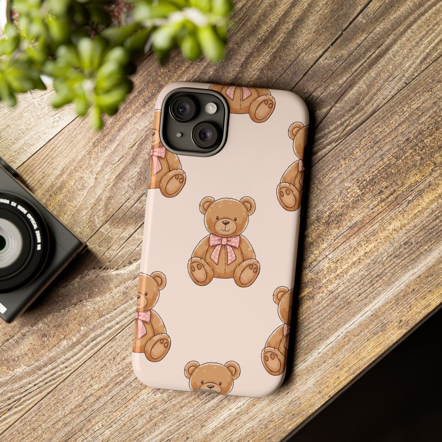 Teddy Bear Phone Case | Cute Coquette Aesthetic Pink Bear Pattern Case | Kawaii Soft Girl iPhone & Samsung Tough Protective Case
