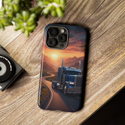 Semi Truck Sunset Phone Case | Trucker Gift | Diesel Truck Highway Road iPhone & Samsung Tough Protective Case