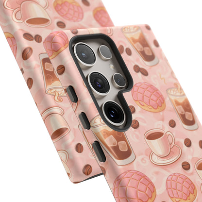 Cute Coffee & Pink Concha Phone Case – Coffee Lover Aesthetic Latte Pattern Tough Case