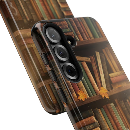 Cozy Vintage Bookshelf Phone Case, Library Aesthetic Book Stack, Autumn Coffee Vibes (iPhone, Samsung, Pixel)