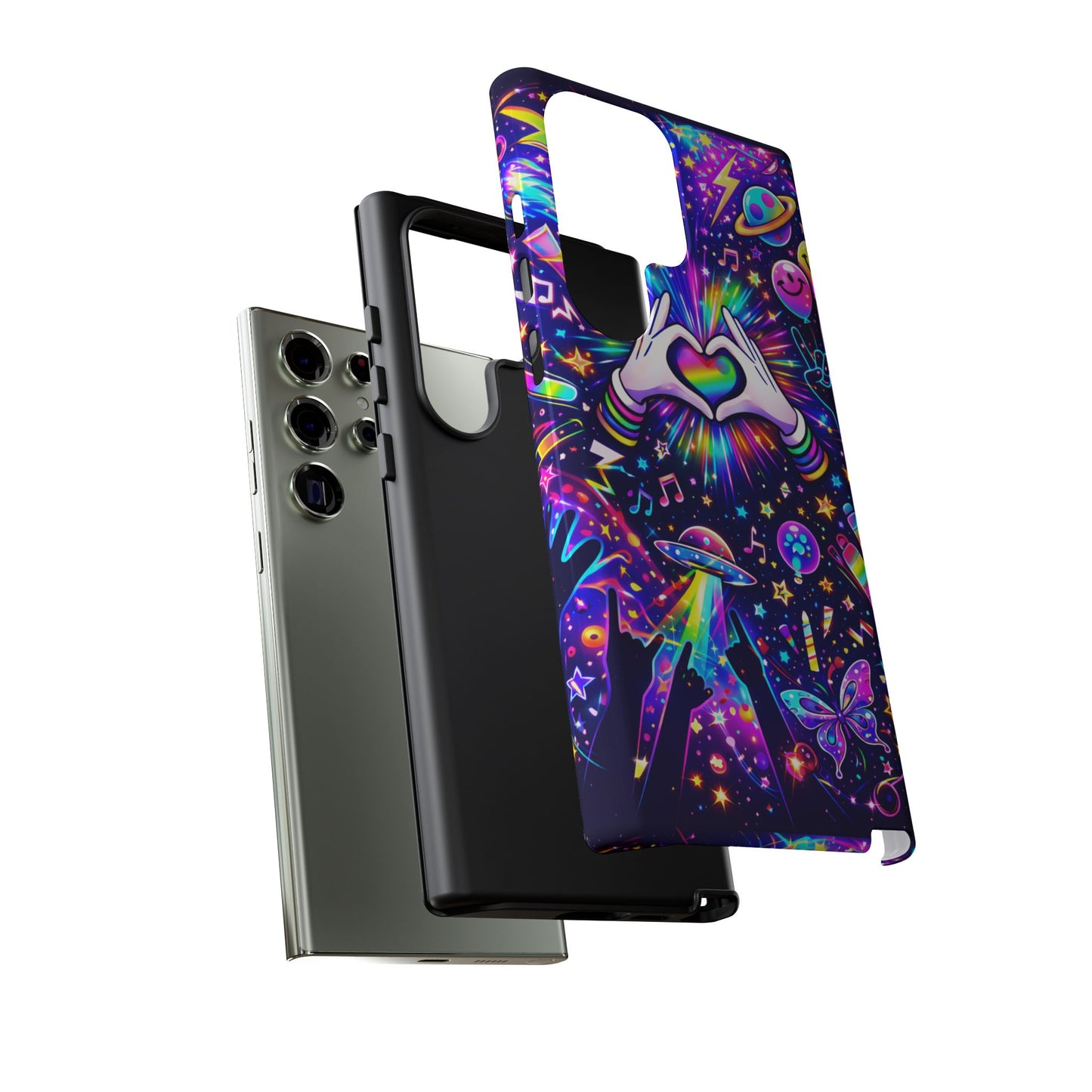 Rainbow Heart Hands Phone Case – Neon Galaxy EDM Festival Tough Cover