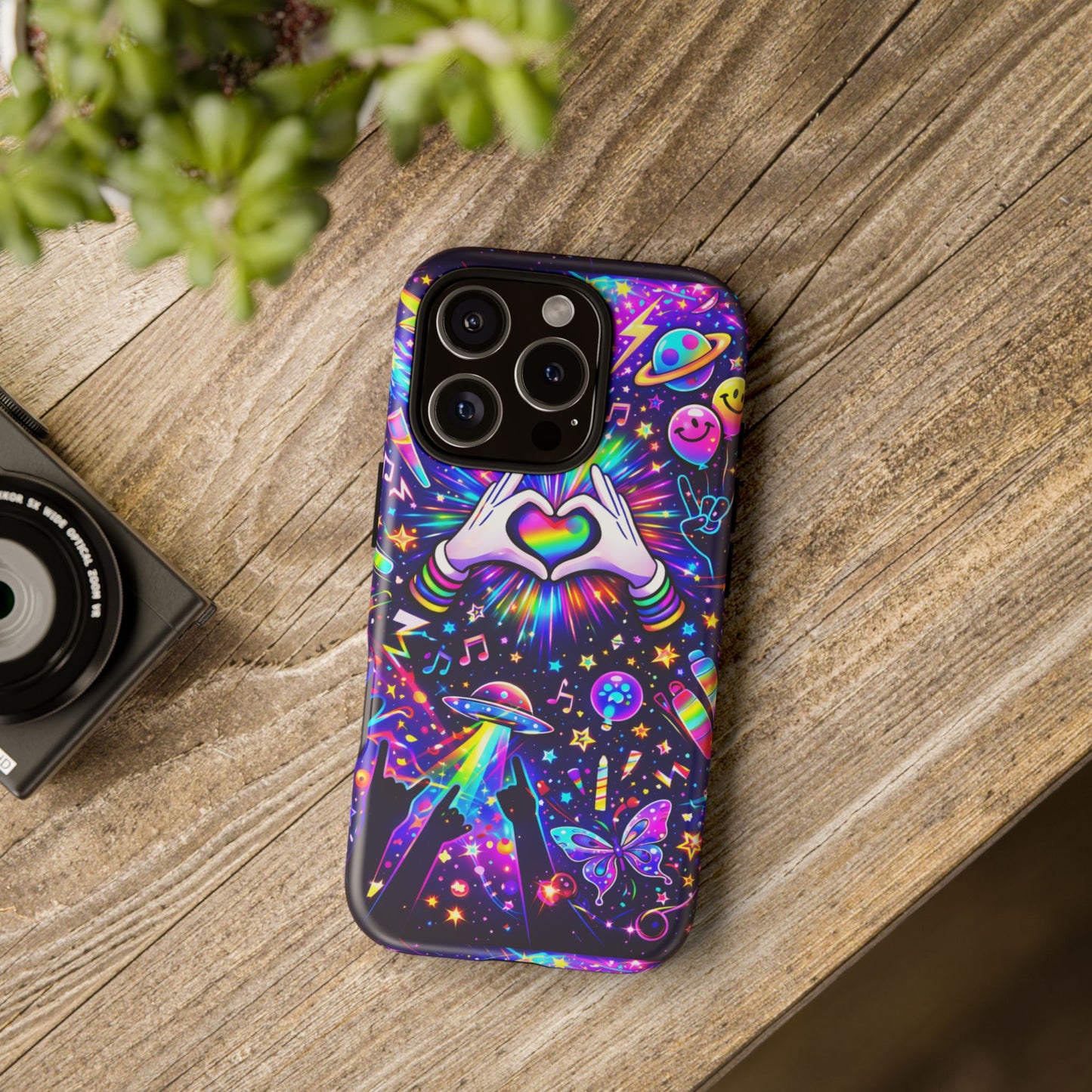 Rainbow Heart Hands Phone Case – Neon Galaxy EDM Festival Tough Cover
