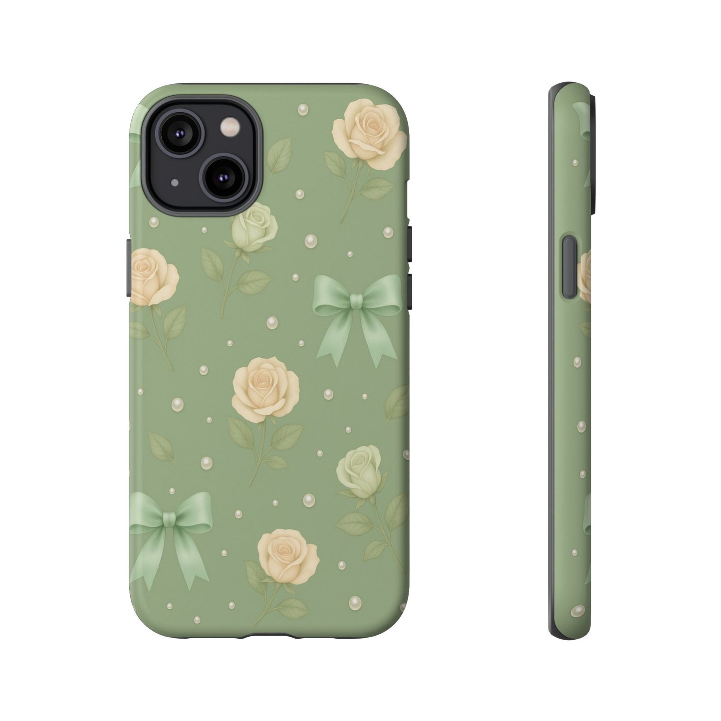 Vintage Rose Bow Phone Case – Sage Green Floral Coquette Aesthetic Tough Case (iPhone, Samsung, Pixel)