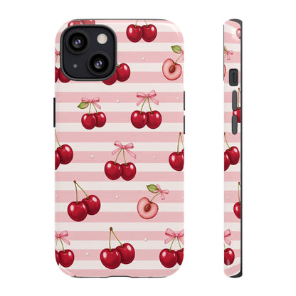 Coquette Cherry Bow Phone Case | Cute Pink Aesthetic Cherry Pattern Tough Case for iPhone & Samsung