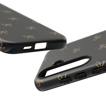 Black Phone Case with Gold Bow Pattern – Slim Protective Cute Aesthetic Cover for Iphone, Samsung Galaxy and Pixel