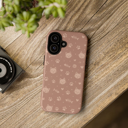 Cute Cat Pattern Phone Case | Paw Prints, Fishbone & Yarn Design Tough Case