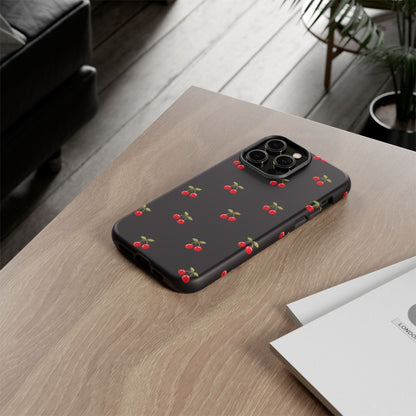 Cherry Pattern Phone Case — Slim Black Protective iPhone Case with Red Cherries for Iphone, Samsung Galaxy and Pixel