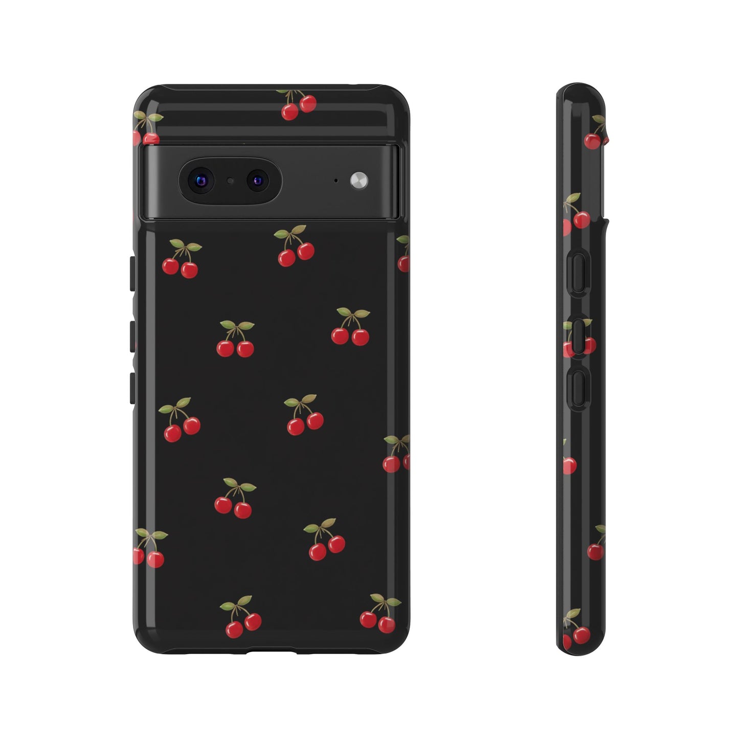Cherry Pattern Phone Case — Slim Black Protective iPhone Case with Red Cherries for Iphone, Samsung Galaxy and Pixel