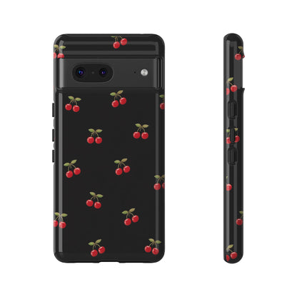 Cherry Pattern Phone Case — Slim Black Protective iPhone Case with Red Cherries for Iphone, Samsung Galaxy and Pixel