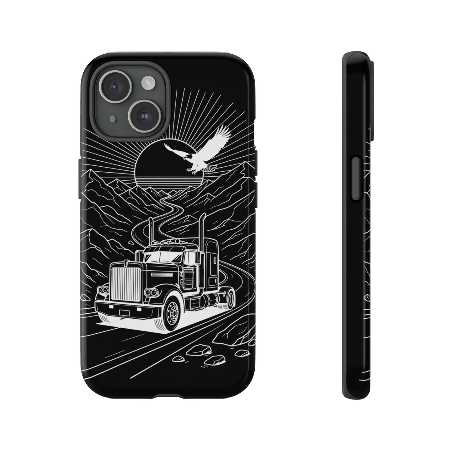 Trucker Highway Phone Case | Eagle & Mountain Line Art | Black Western Tough Case