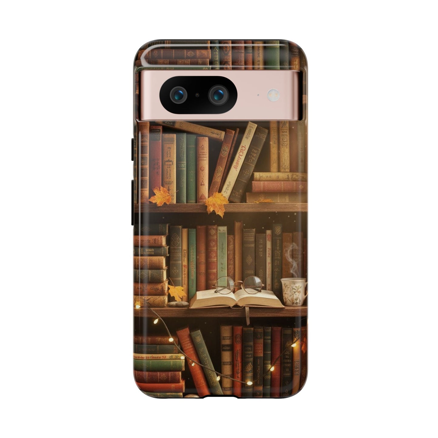 Cozy Vintage Bookshelf Phone Case, Library Aesthetic Book Stack, Autumn Coffee Vibes (iPhone, Samsung, Pixel)