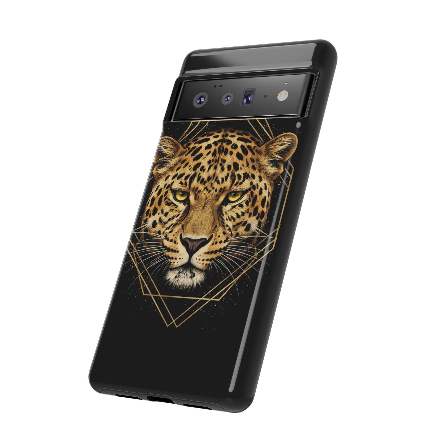 Leopard Head Geometric Phone Case – Black & Gold Luxe Tough Case