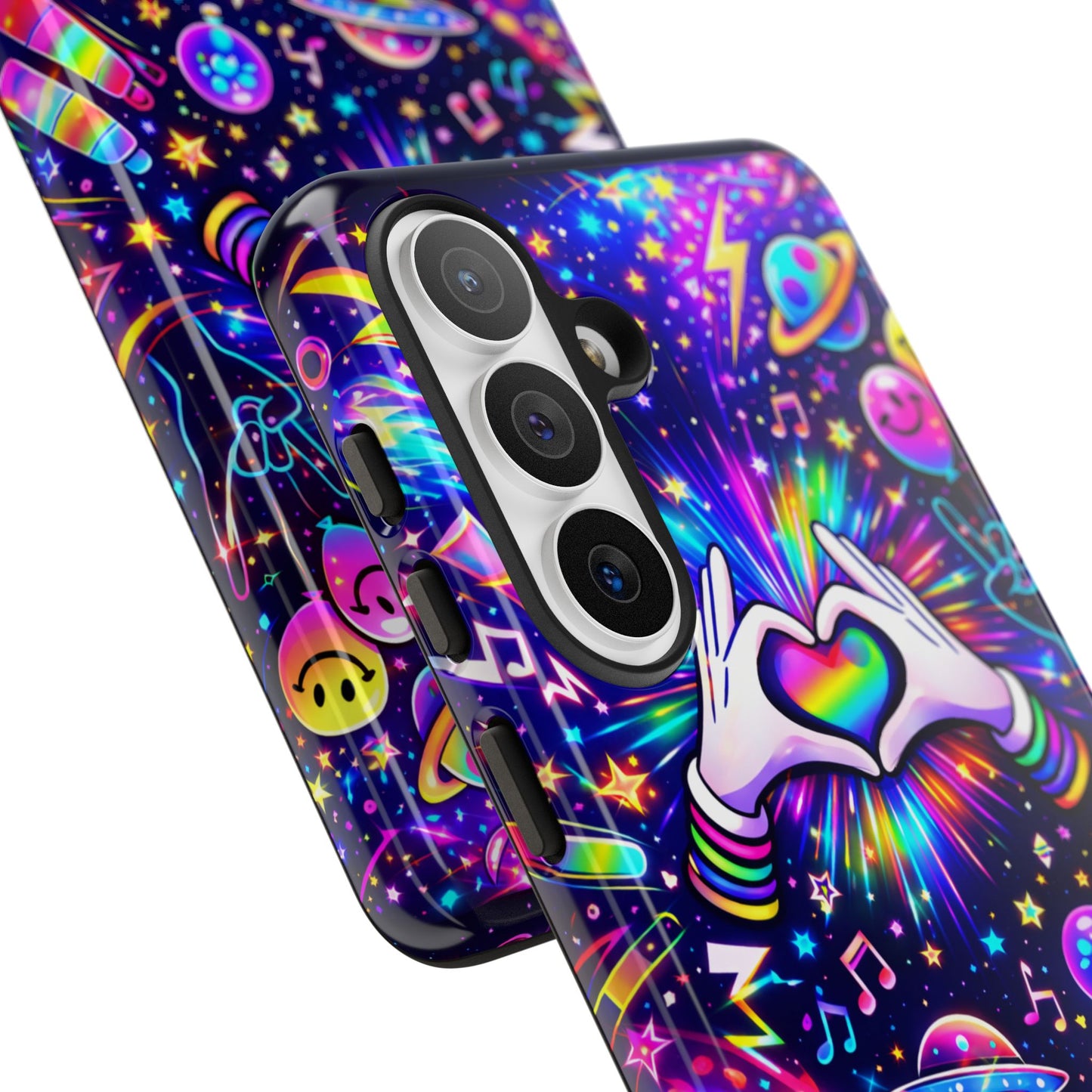 Rainbow Heart Hands Phone Case – Neon Galaxy EDM Festival Tough Cover