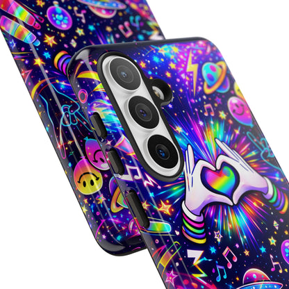 Rainbow Heart Hands Phone Case – Neon Galaxy EDM Festival Tough Cover