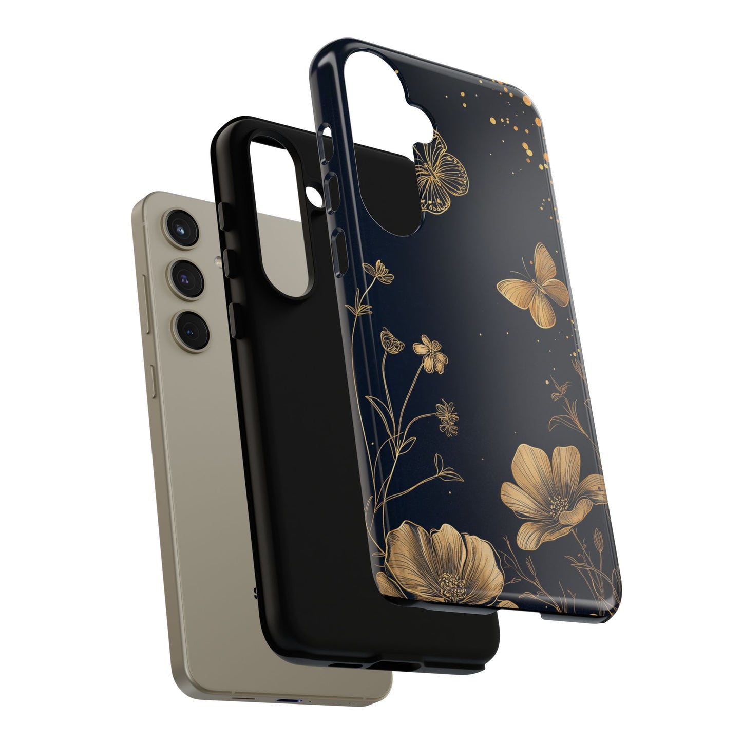 Gold Floral Butterfly Phone Case, Dark Aesthetic Botanical, Elegant Black Luxury iPhone Samsung Cover