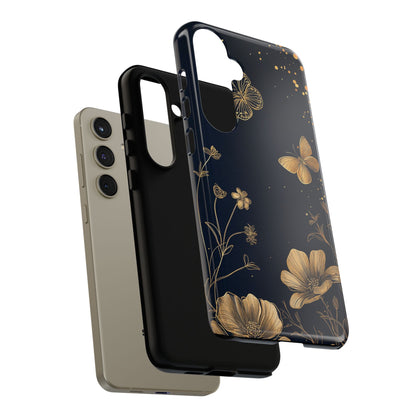 Gold Floral Butterfly Phone Case, Dark Aesthetic Botanical, Elegant Black Luxury iPhone Samsung Cover