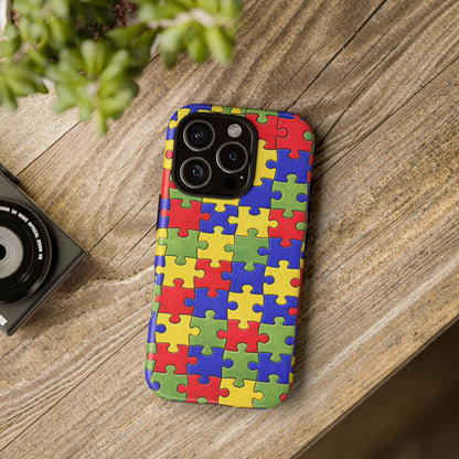 Colorful Puzzle Phone Case, Autism Awareness Jigsaw Design, Tough Protective Case, iPhone & Samsung Case, Vibrant Puzzle Pattern