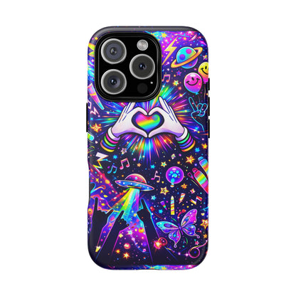 Rainbow Heart Hands Phone Case – Neon Galaxy EDM Festival Tough Cover