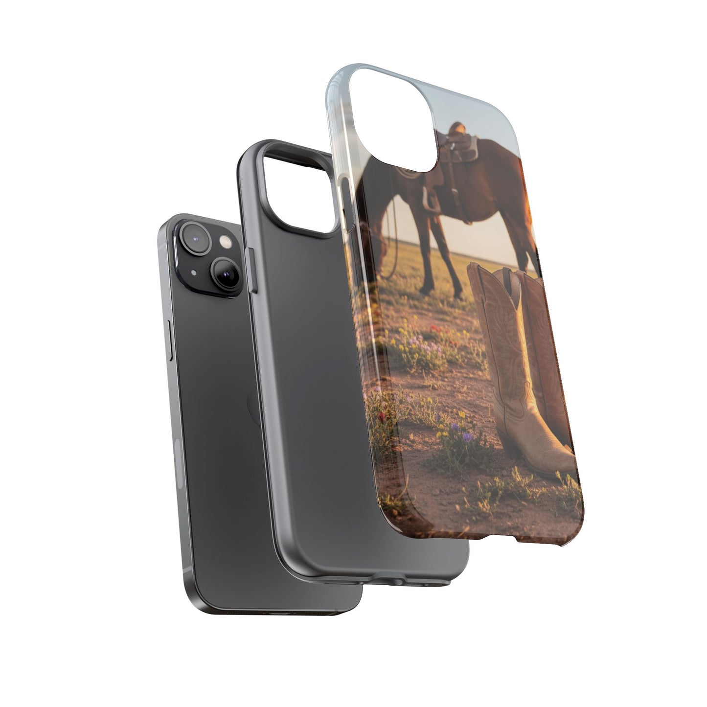 Western Cowboy Boots Phone Case – Rustic Horse Sunset Tough Case (iPhone, Samsung, Pixel)
