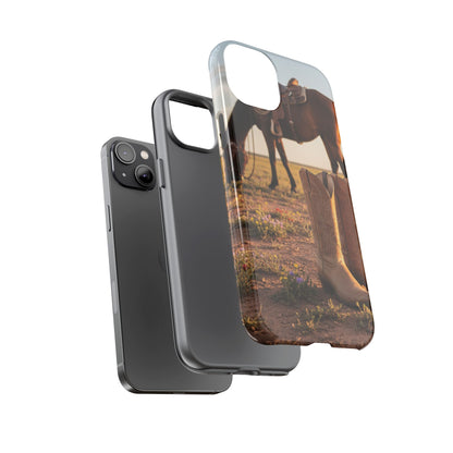 Western Cowboy Boots Phone Case – Rustic Horse Sunset Tough Case (iPhone, Samsung, Pixel)