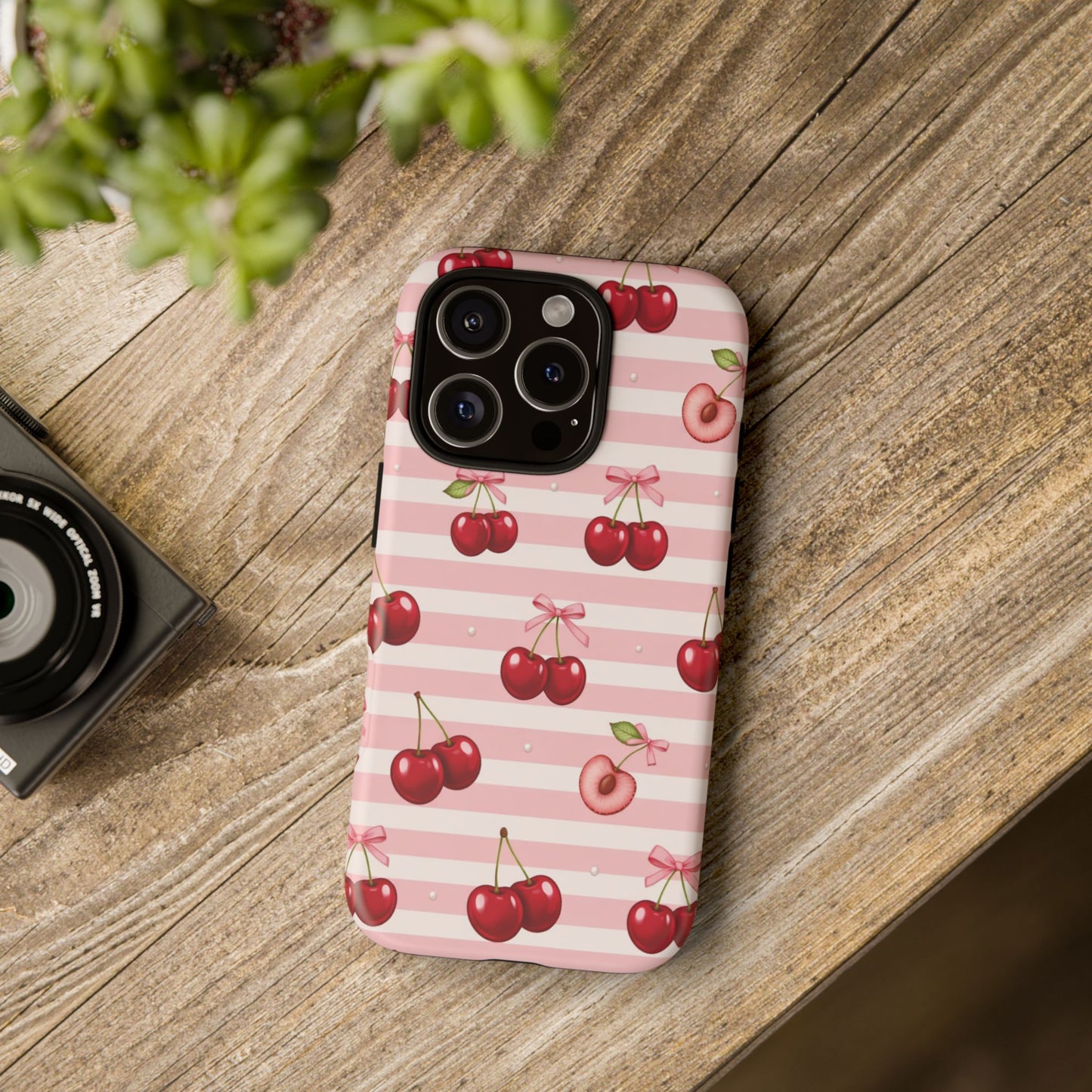 Coquette Cherry Bow Phone Case | Cute Pink Aesthetic Cherry Pattern Tough Case for iPhone & Samsung