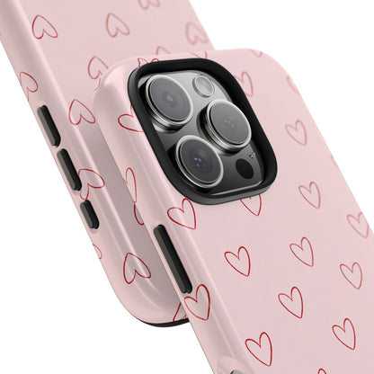 Pink Doodle Hearts Phone Case | Minimal Cute Heart Pattern Tough Case