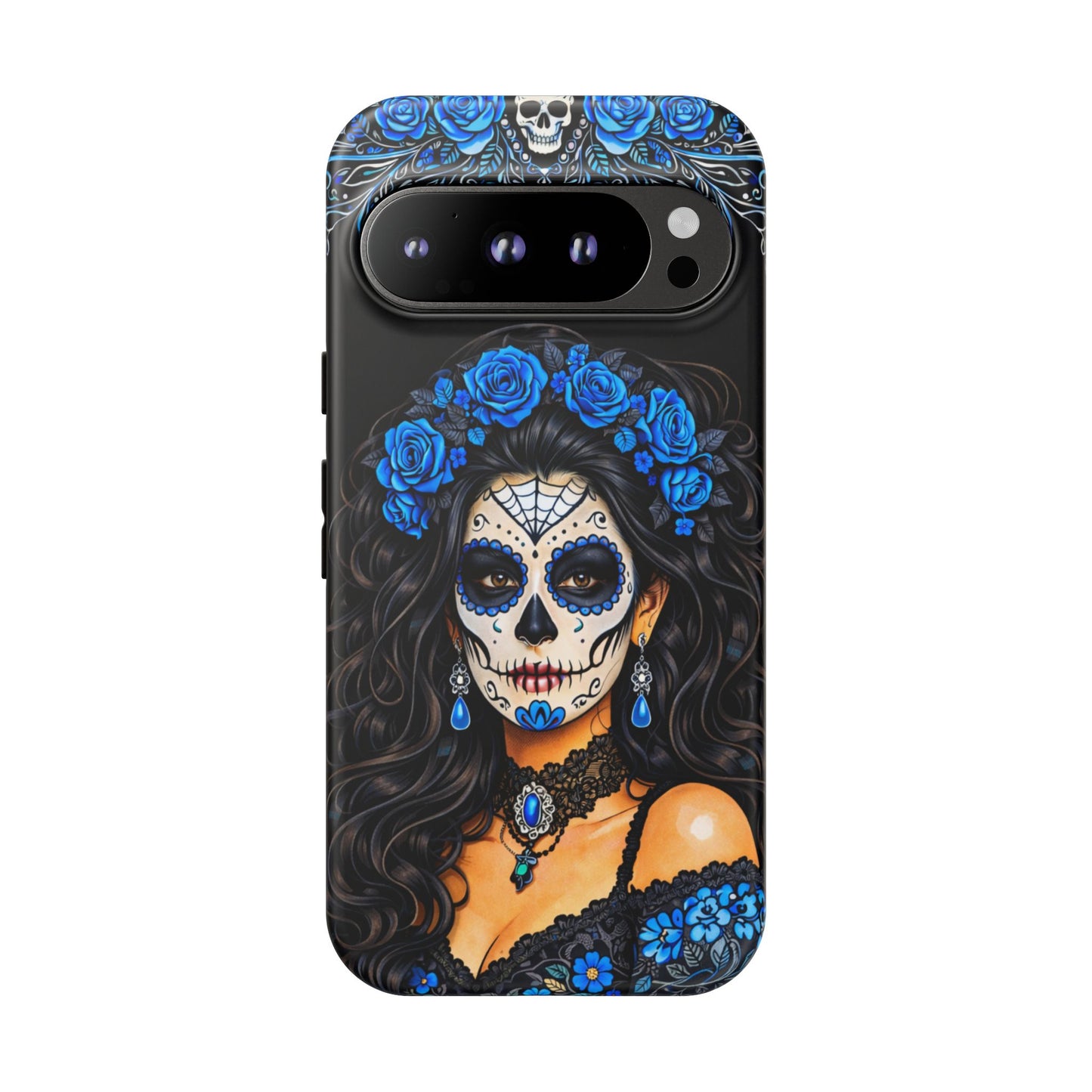 Blue Sugar Skull Woman Phone Case – Day of the Dead Aesthetic Tough Cover
