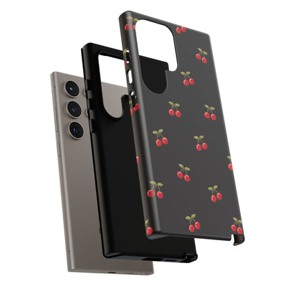 Cherry Pattern Phone Case — Slim Black Protective iPhone Case with Red Cherries for Iphone, Samsung Galaxy and Pixel