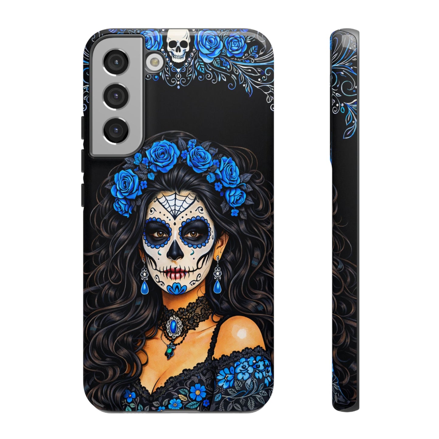 Blue Sugar Skull Woman Phone Case – Day of the Dead Aesthetic Tough Cover