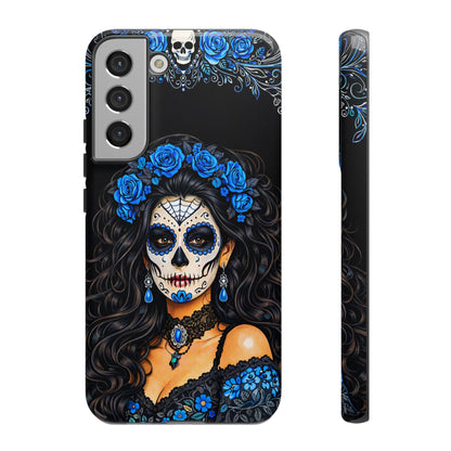 Blue Sugar Skull Woman Phone Case – Day of the Dead Aesthetic Tough Cover