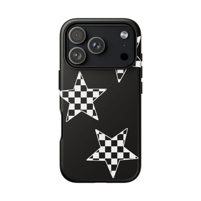 Checkered Star Tough Phone Case – Black Retro Graphic Protective Cover for Iphone, Samsung Galaxy and Pixel