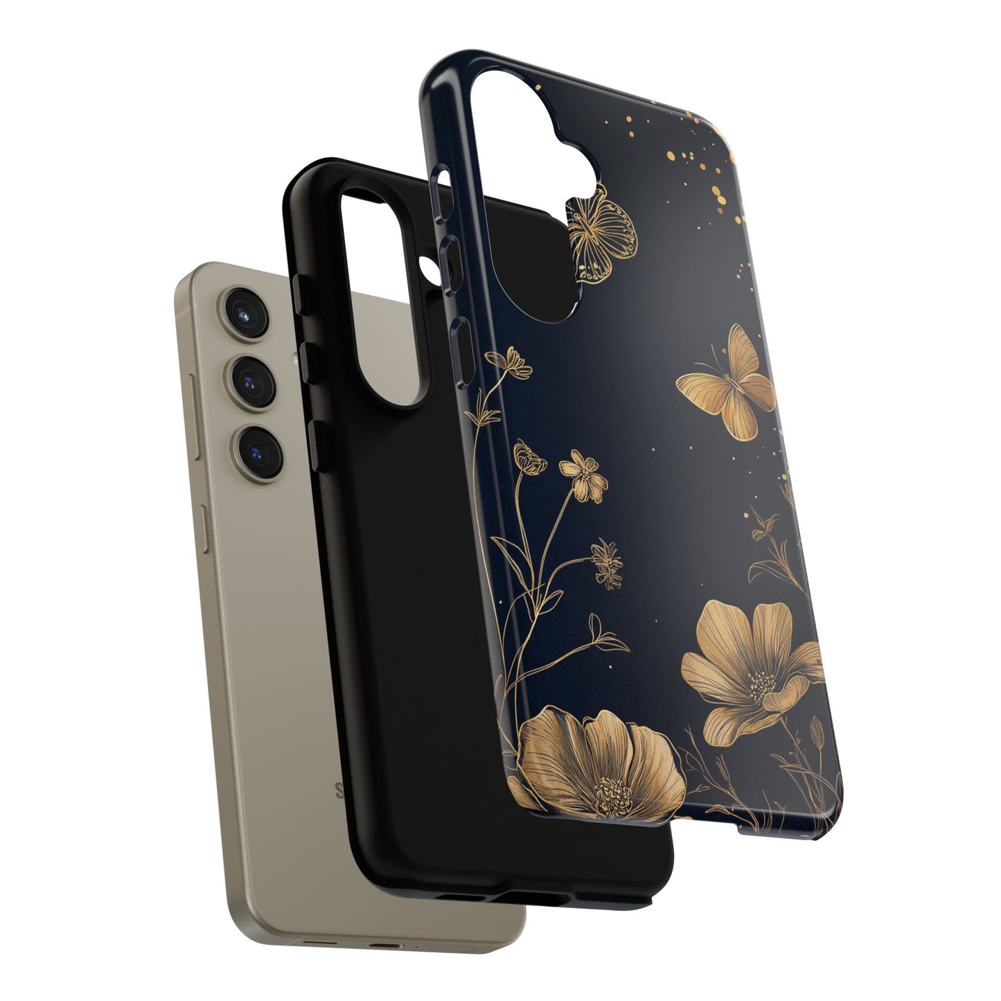 Gold Floral Butterfly Phone Case, Dark Aesthetic Botanical, Elegant Black Luxury iPhone Samsung Cover