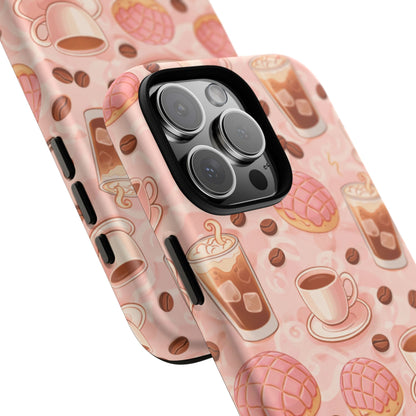 Cute Coffee & Pink Concha Phone Case – Coffee Lover Aesthetic Latte Pattern Tough Case