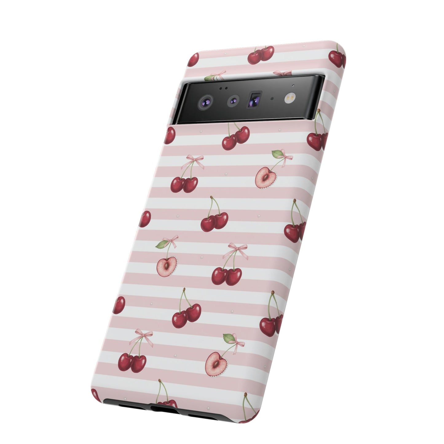 Pink Cherry Stripe Phone Case | Cute Coquette Aesthetic Protective Tough Case