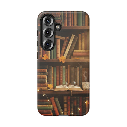 Cozy Vintage Bookshelf Phone Case, Library Aesthetic Book Stack, Autumn Coffee Vibes (iPhone, Samsung, Pixel)