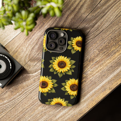 Sunflower Floral Tough Phone Case – Black Background Protective Cover for Iphone, Samsung Galaxy and Pixel
