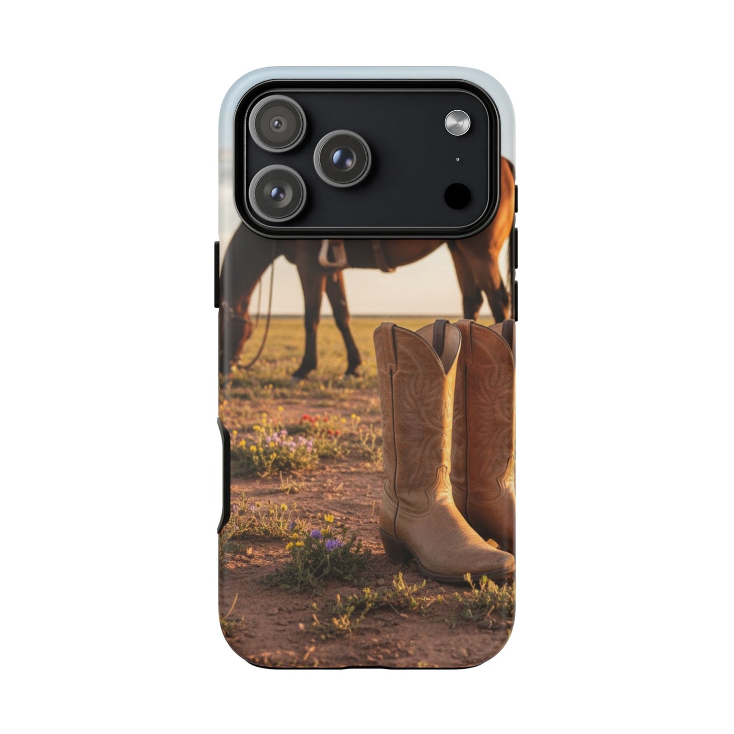 Western Cowboy Boots Phone Case – Rustic Horse Sunset Tough Case (iPhone, Samsung, Pixel)