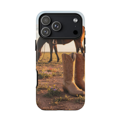 Western Cowboy Boots Phone Case – Rustic Horse Sunset Tough Case (iPhone, Samsung, Pixel)