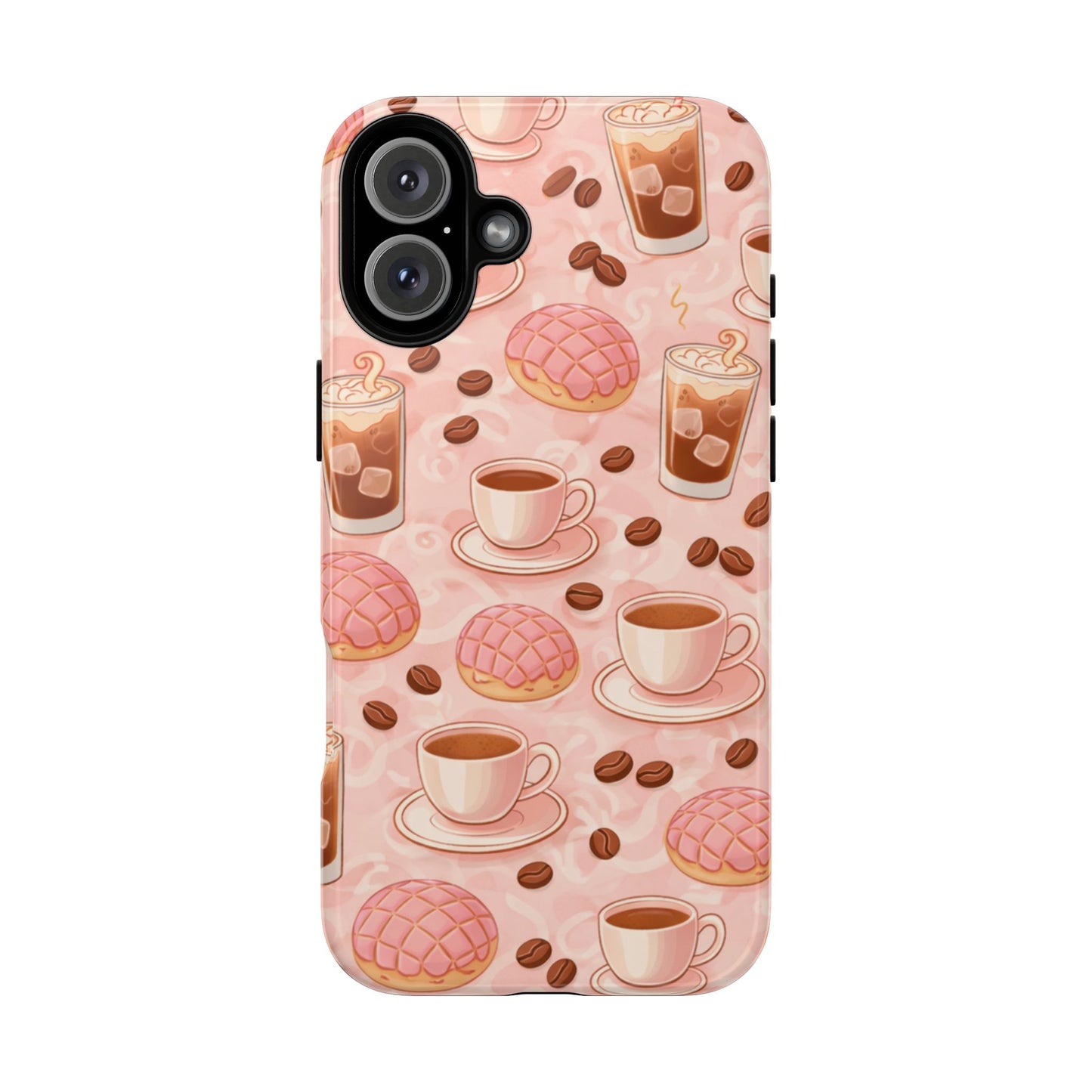 Cute Coffee & Pink Concha Phone Case – Coffee Lover Aesthetic Latte Pattern Tough Case