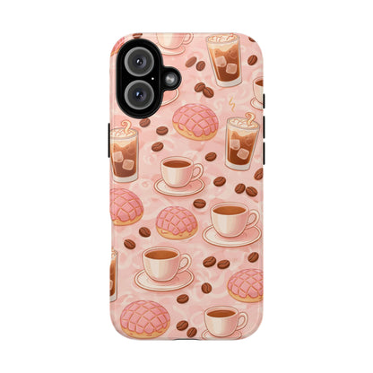 Cute Coffee & Pink Concha Phone Case – Coffee Lover Aesthetic Latte Pattern Tough Case