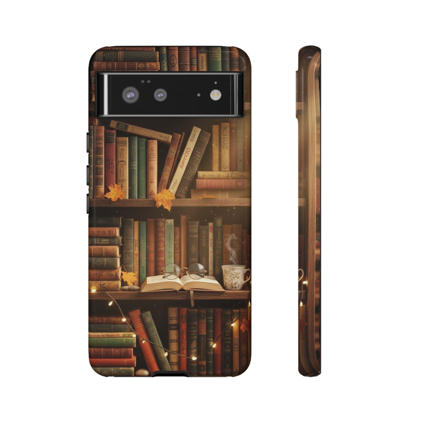 Cozy Vintage Bookshelf Phone Case, Library Aesthetic Book Stack, Autumn Coffee Vibes (iPhone, Samsung, Pixel)