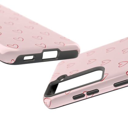 Pink Doodle Hearts Phone Case | Minimal Cute Heart Pattern Tough Case