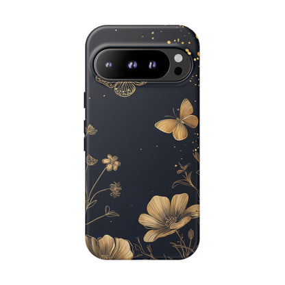 Gold Floral Butterfly Phone Case, Dark Aesthetic Botanical, Elegant Black Luxury iPhone Samsung Cover