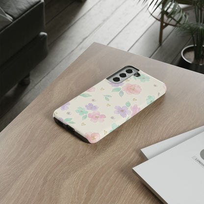 Pastel Floral Phone Case – Coquette Watercolor Flower Hearts Tough Case (iPhone, Samsung, Pixel)
