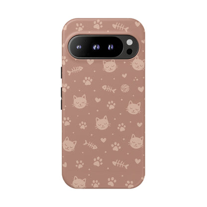 Cute Cat Pattern Phone Case | Paw Prints, Fishbone & Yarn Design Tough Case