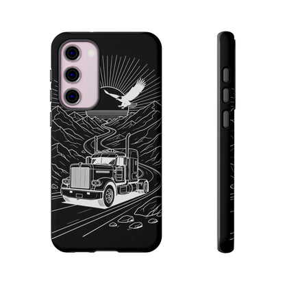 Trucker Highway Phone Case | Eagle & Mountain Line Art | Black Western Tough Case